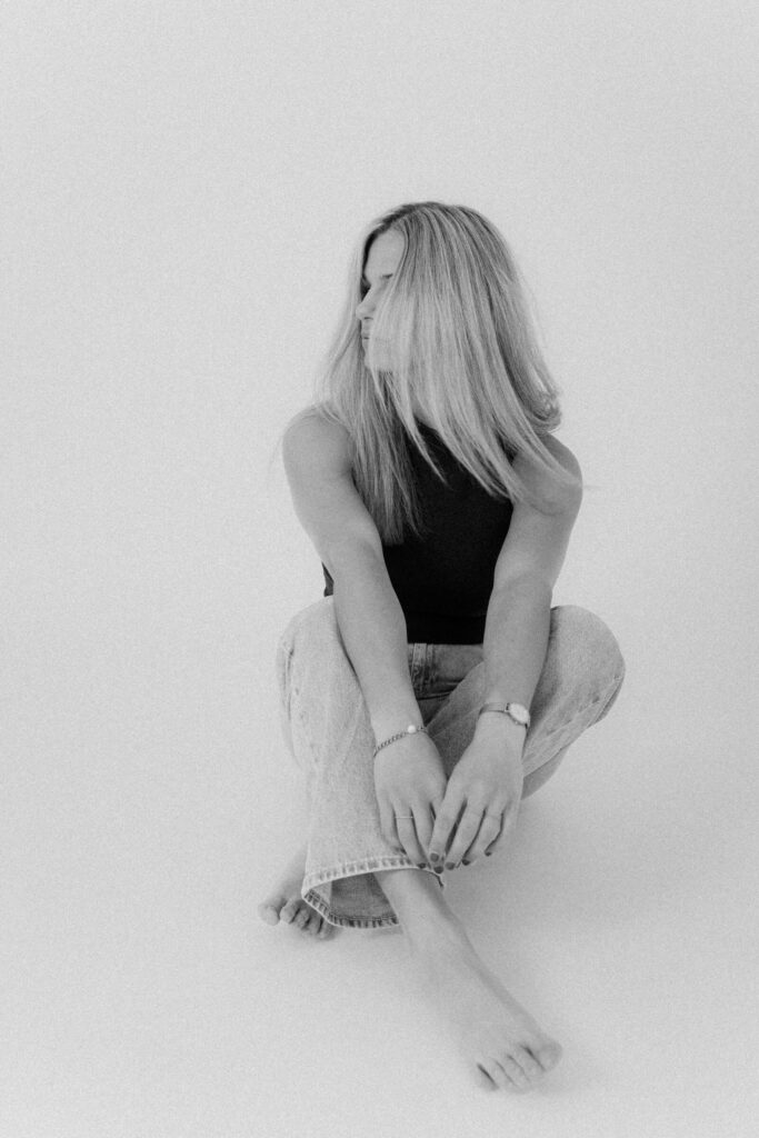 Minimalist black and white portrait with timeless elegance and soft aesthetics