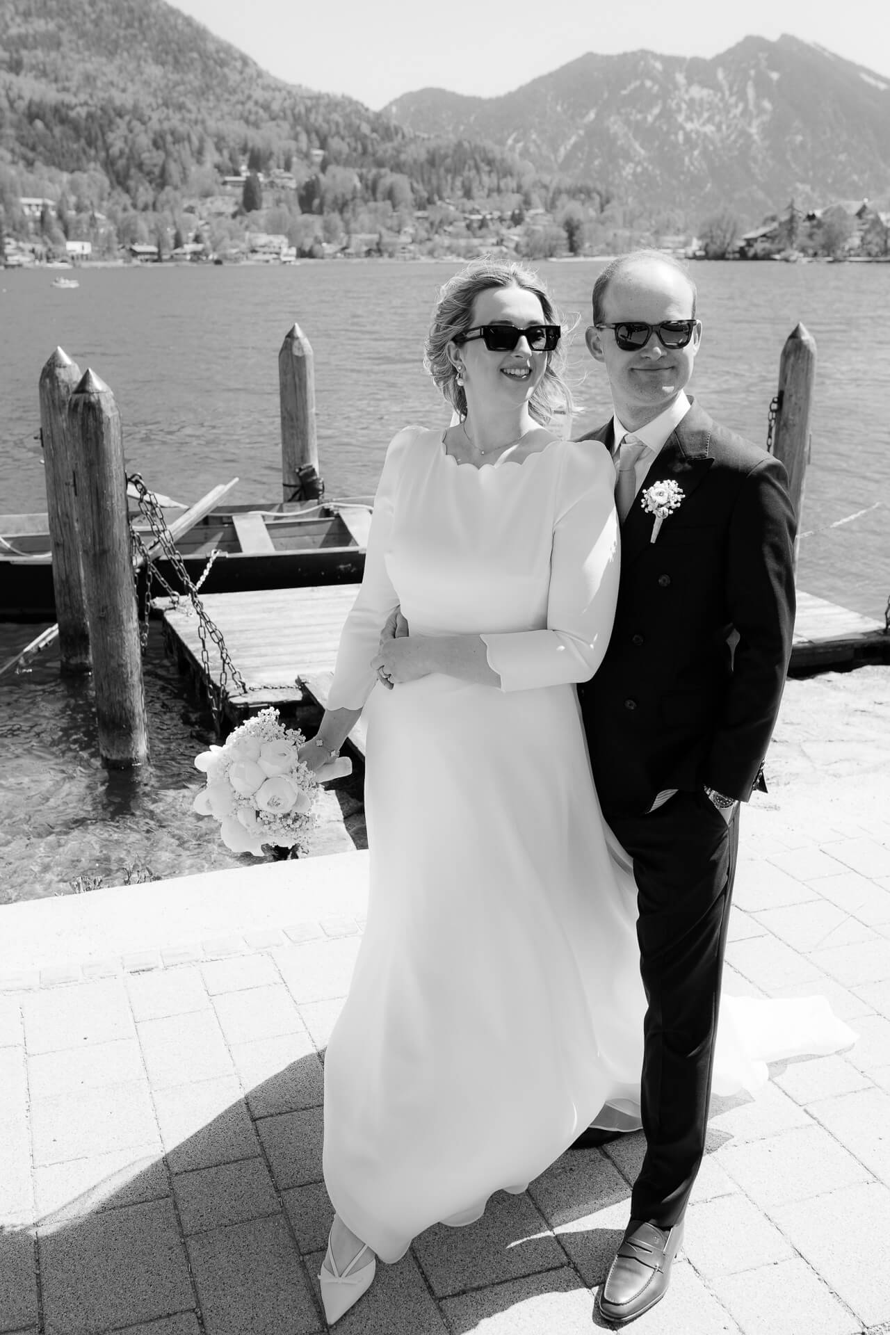 Anna and Daniel during their first look at Lake Tegernsee before their church wedding.